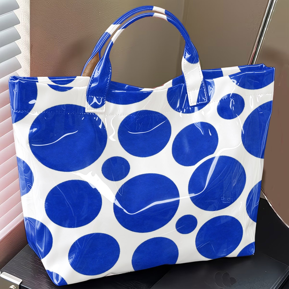 TEMU 1pc Large Blue Polka Dot Glossy Pvc Tote Bag, Easy Polka Dot Print, Large Hand Carry Bag For Outdoor Travel , Storage For Cosmetics Books