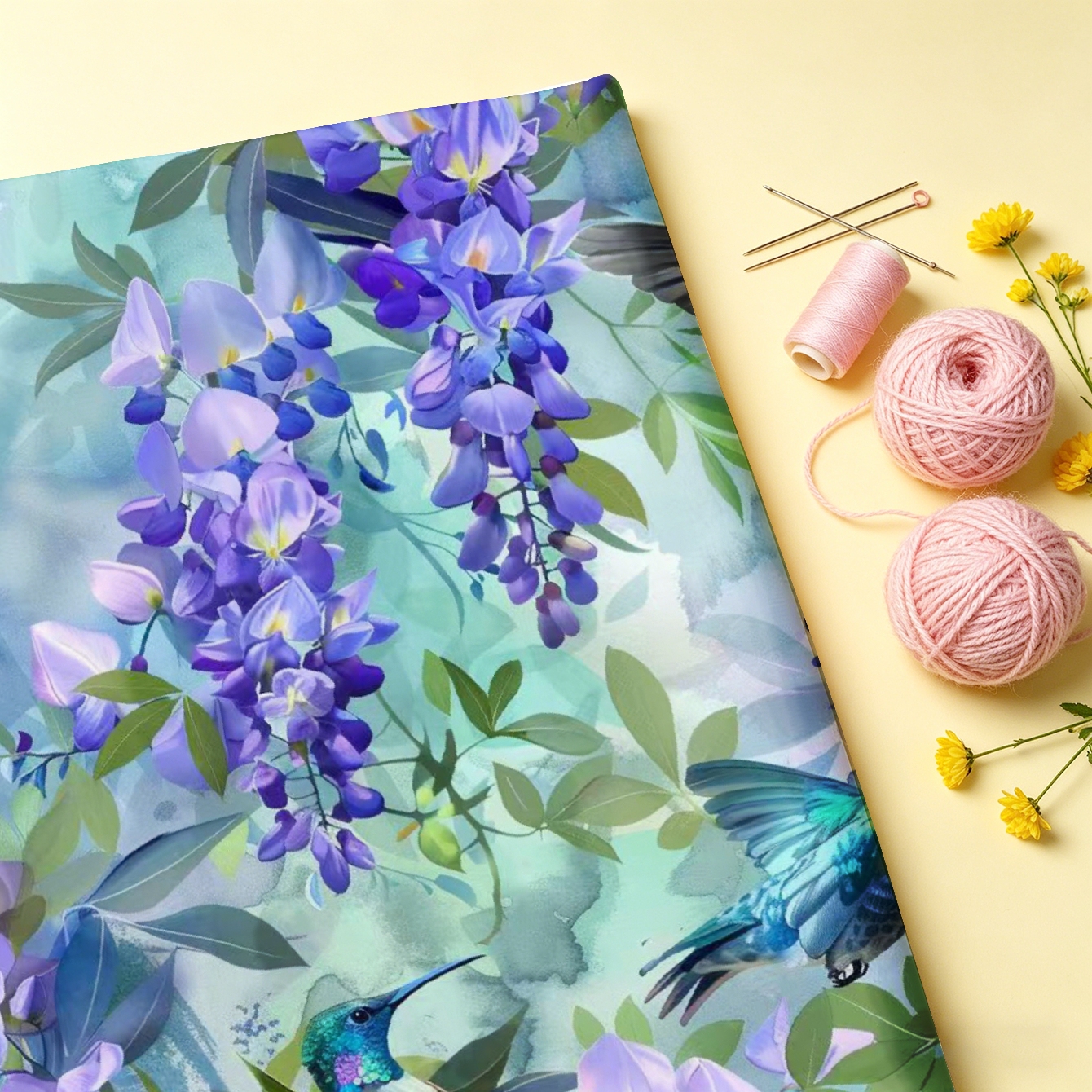 TEMU 1pc, Wisteria Flower Hummingbird Pattern Fabric, , Soft And Comfortable Material, Polyester Handcraft Fabric, Suitable For Quilting, Crafts,