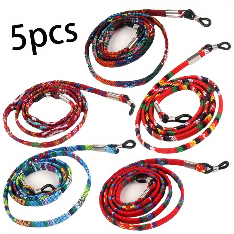 E-shop 5-teiliges Set böhmischer Brillenband – verstellbares Brillenband für Damen, modischer Polyester-Brillenclip, ethnischer Stil, farbenfrohes