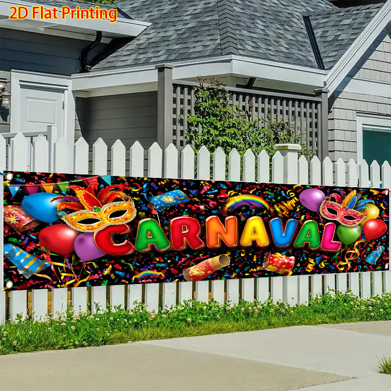 TEMU 2d Flat, ()1pcs, Carnival, Colorful Feather Masks And Drums, Ribbon Patterns (1) - 2d Pattern Polyester Decorative Fence Banner Decoration Flag,