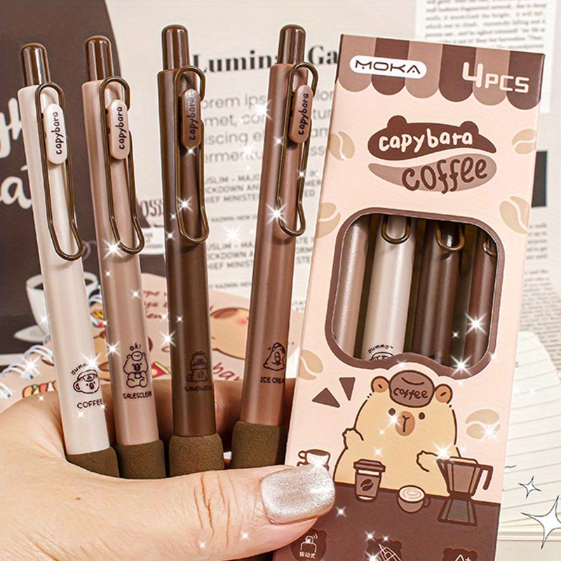 4pcs Cute Capybara Coffee Themed Gel Pens, 0.5mm Fine Point, Black Ink, , Plastic Body, Smooth Writing Experience, Ideal For School & Office Supplies, Perfect Gift , Cute Pens