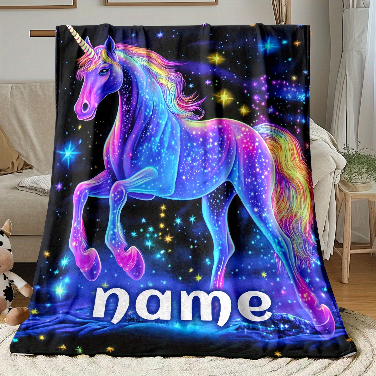 [everyday ] Custom Name Unicorn Blanket - Soft Flannel Throw For , Sofa, Camping & Bed - Lightweight, Warm & Personalized Gift - Vibrant With Stars & Background - 31.5x47.2 Inches, Unicorn Room Decor