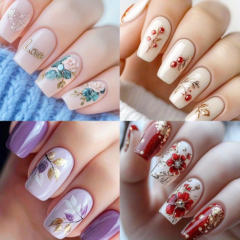 Set Of 96pcs (4 Packs) Featuring Spring And Summer Floral Nail Designs, With A Of Colors, Square Shape, Medium Length, And A Shiny End With Vibrant Floral Patterns