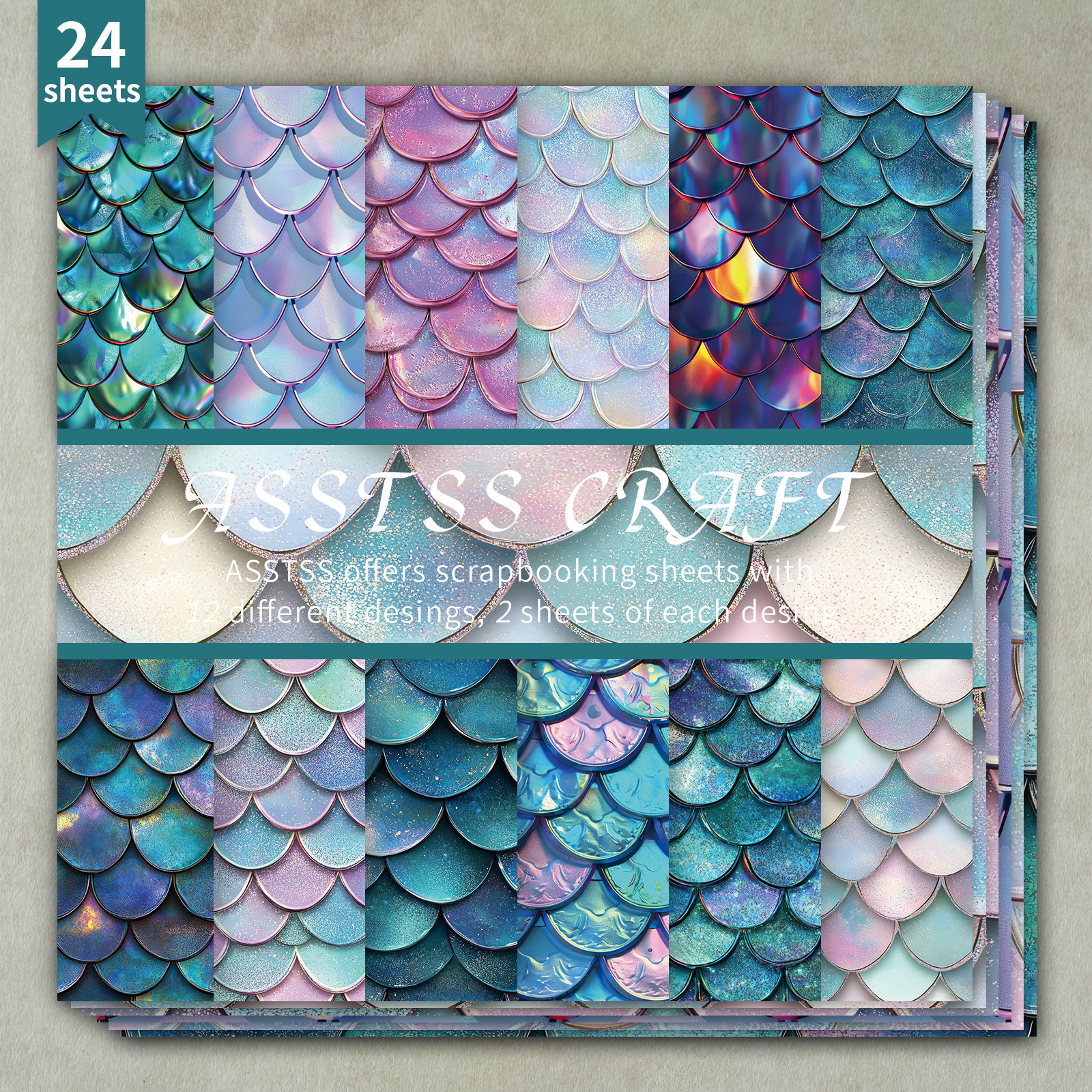 TEMU ASSTSS Bloc de Papier Scrapbooking de 24 Feuilles avec Texture Écailles de Sirène Iridescentes - Carton Épais Adapté pour Journaling, Art de