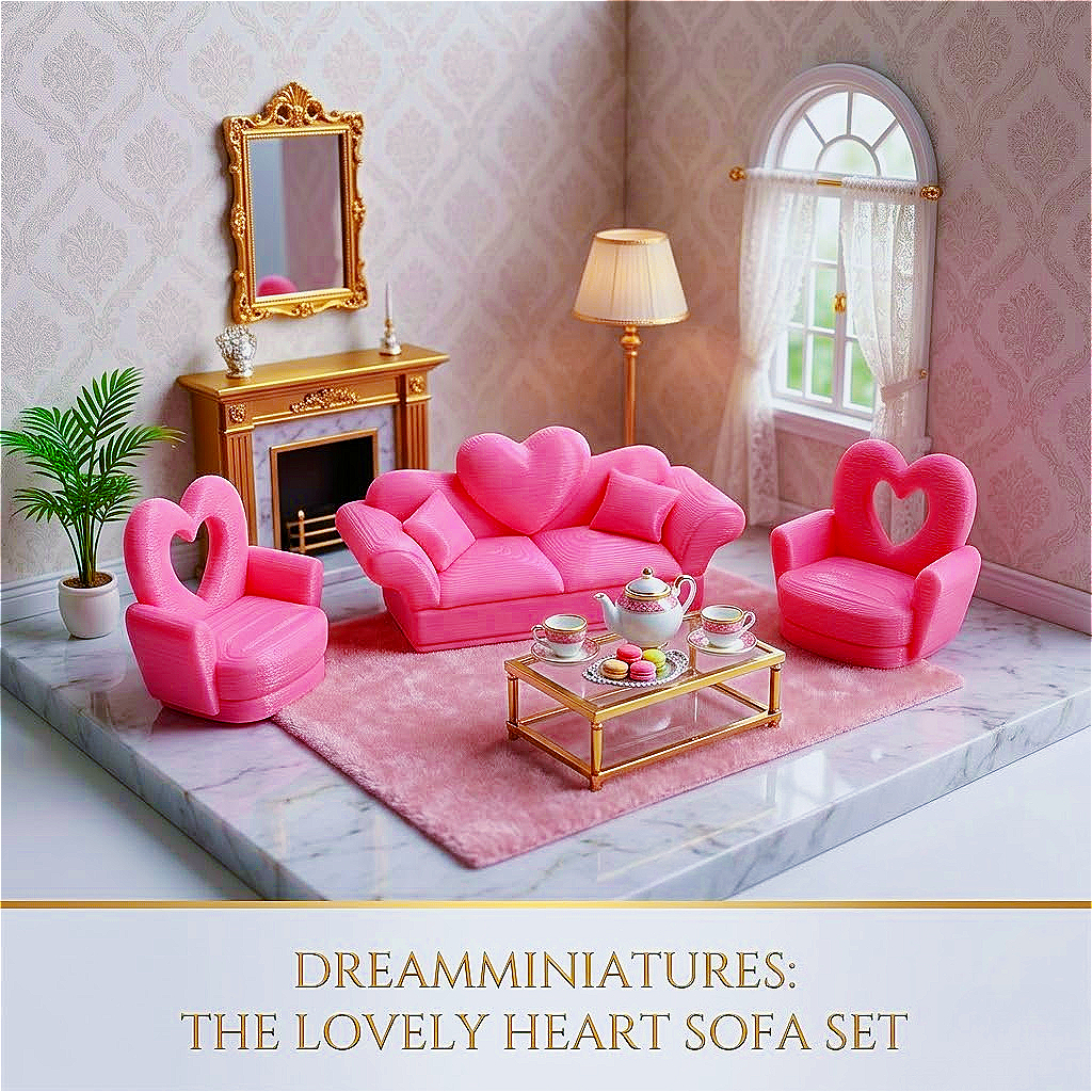 3pcs Dollhouse Set: Heart-Back Double Sofa & Two Chairs