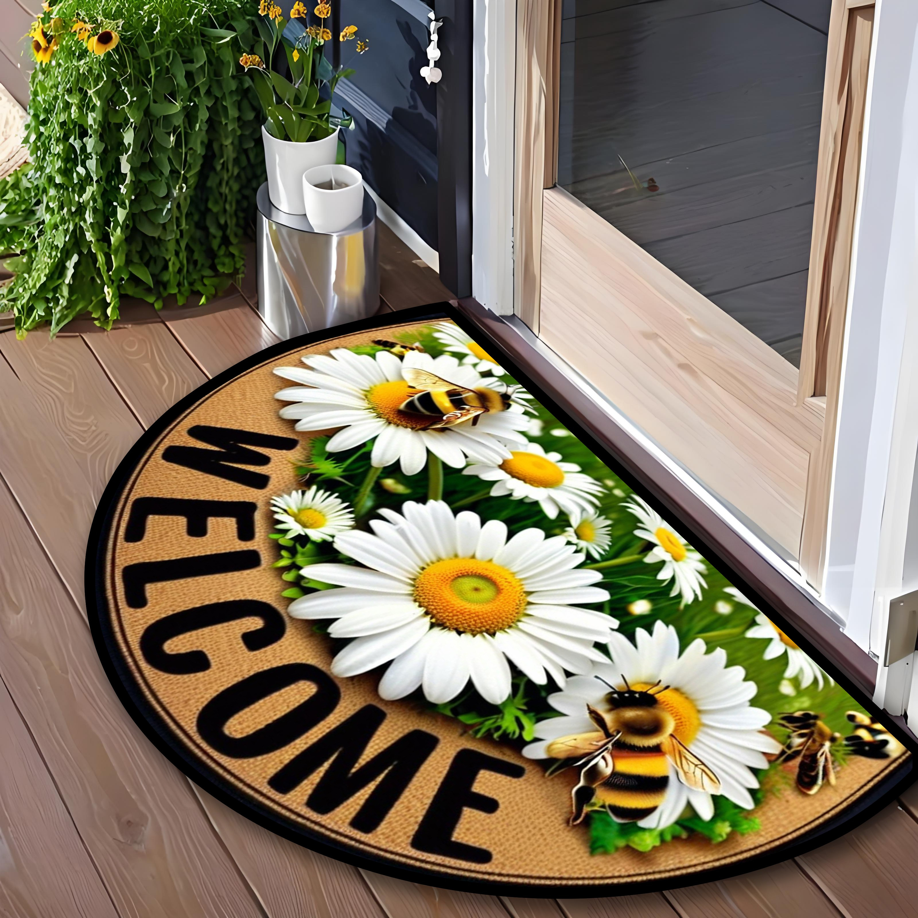 Welcome Bees & Floral Design Non-Slip Semi-Circular Door Mat - Durable 100% Polyester Entrance Mat for Farmhouse, Patio, Laundry, Kitchen, Yard Decor - Stylish Home Accent, Multiple Sizes Available, Outdoor Mat Front Door, Patio Doormat, Natureinspired Doormat, Highquality Doormat, Decorative Doormat, Housewarming Gift