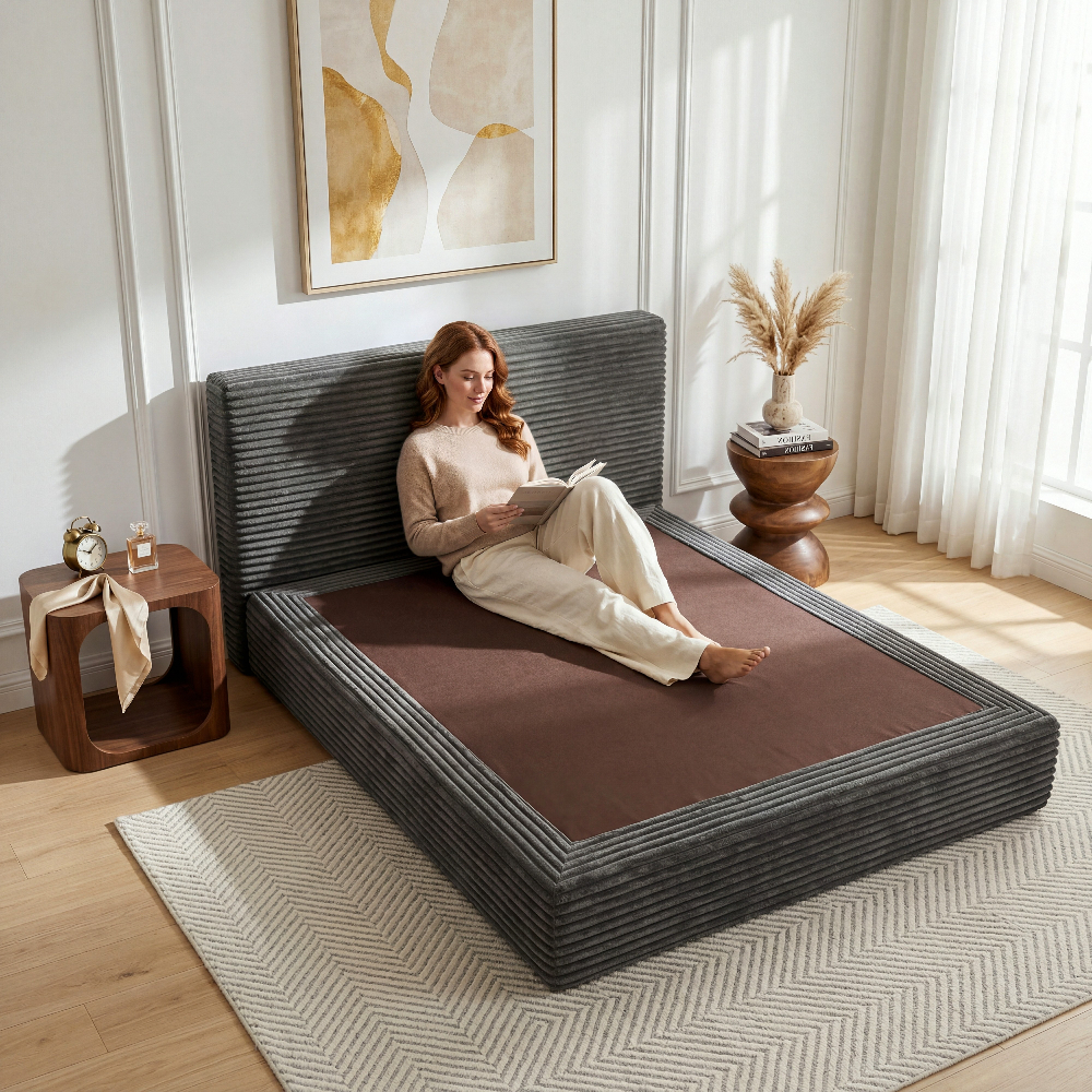 Upholstered Platform Bed, Compressed 2-in-1 Convertible Sofa Bed, Vacuum Packed Boneless Sleeper Couch, Queen Bed Frame Features A Headboard, No Assembly Required, Multifunctional Furniture For Small Apartment Dorm Office