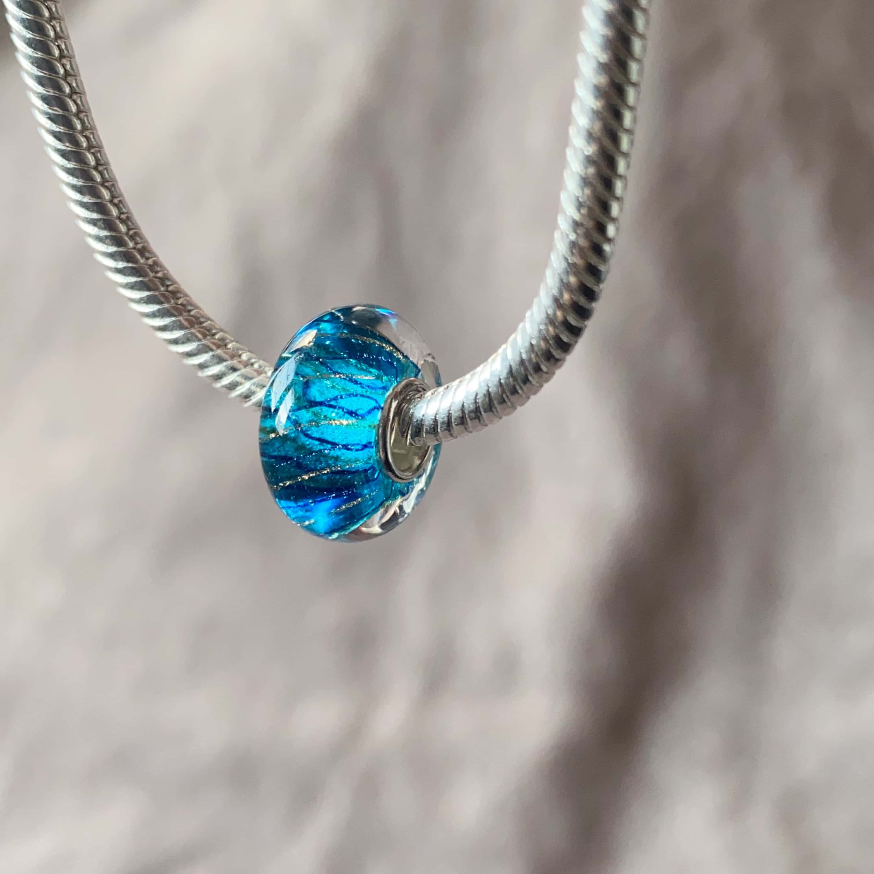 E-shop Echte 925 Sterlingsilber -Glas-Anhänger für Armbänder, Original Handgemachte DIY-Anhänger, Blau Funkelnde Klare Glas-Anhänger, Perlen-Anhänger