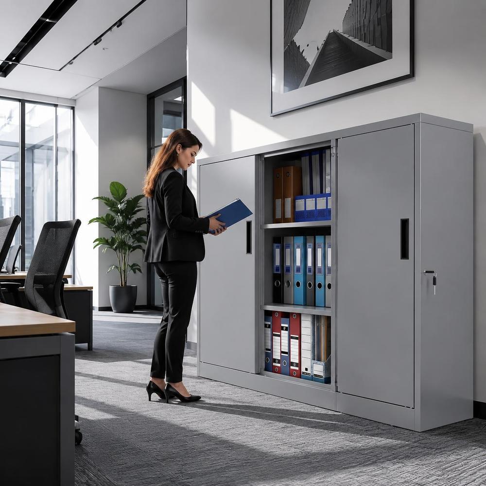 Image of Metal , Lockable Steel Filing Cabinet With 3-point Locking System, 2 Adjustable Shelves, Secure Storage Cupboard For Home Office, Garage, Workshop