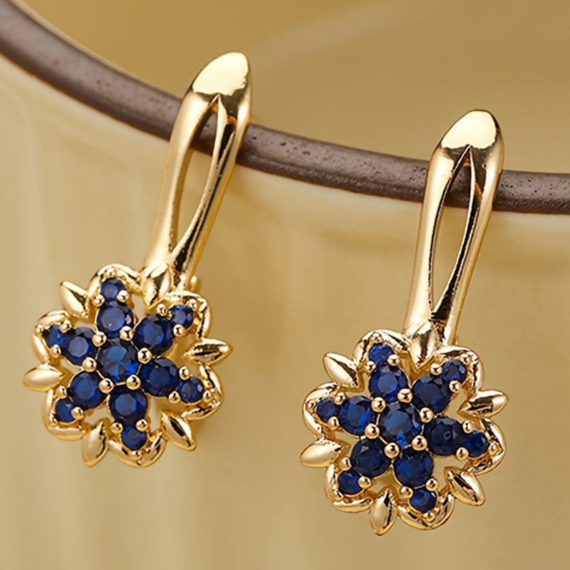 TEMU Fashion Golden Women's Hoop Earrings Exquisite Blue Synthetic Zirconia Flower Earrings For Women Daily Party And Weddings Stylish Jewelry Gifts