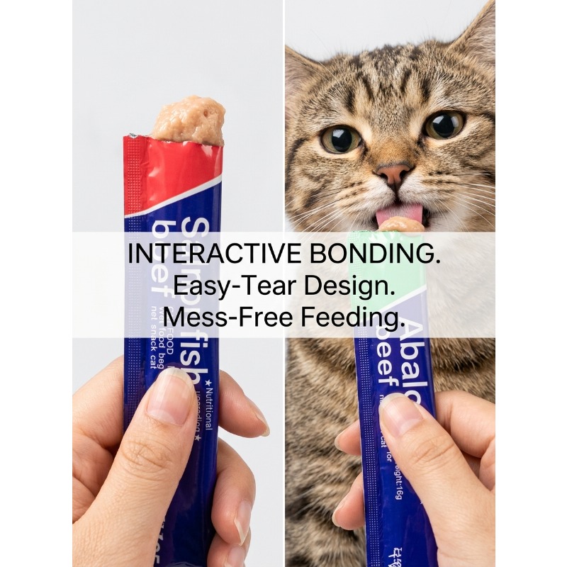 100pcs cat snacks one weighing 0 56oz 16g cat fattening nutrition strip 20 mixed cat strips in each of five flavors chicken egg yolk salmon fish roe cod fish roe abalone beef   roe Product details 6