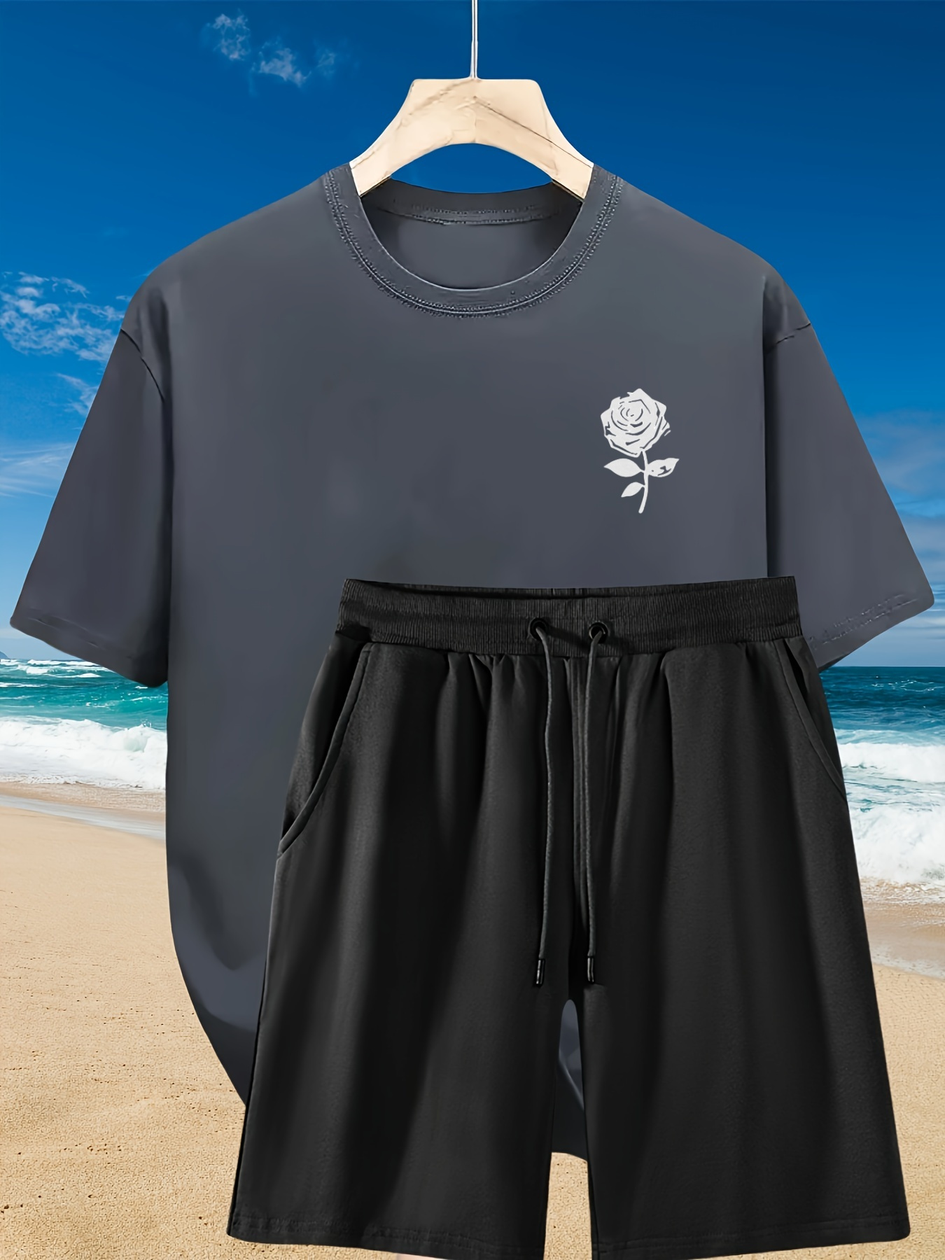 2pcs Men'S Summer Casual Outfit: Relaxed Fit Cotton T-Shirt & Drawstring Shorts Set - Floral Graphic Printed - Sporty, Comfortable, Beach-Ready, Summer Shorts, for Daily & Weekend Casual Wea
