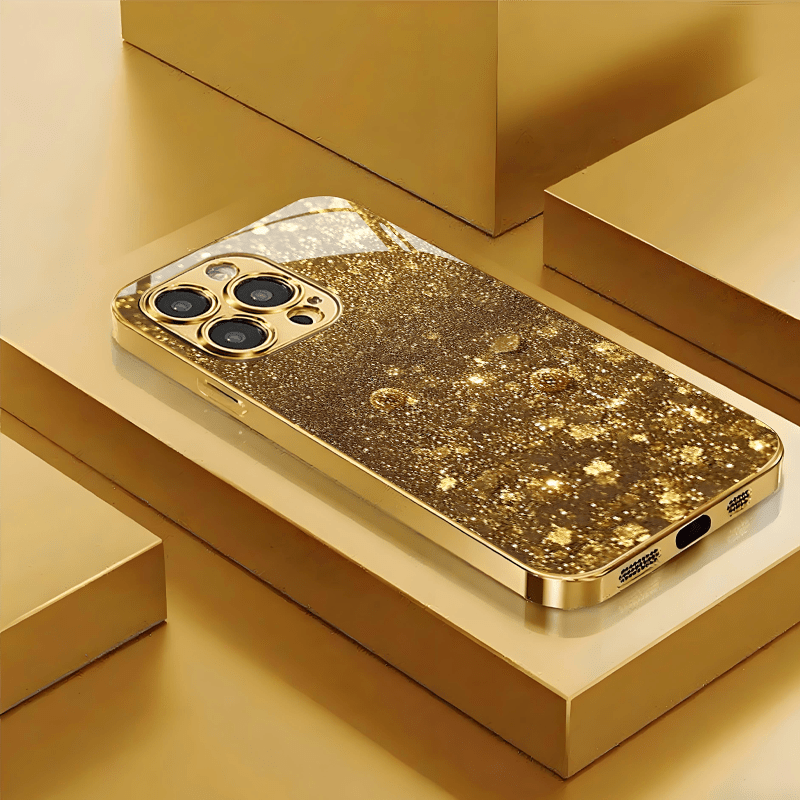 TEMU Phone Case: 15 Models , Featuring A Golden Glitter Finish, Elegant, Creative, Stylish, Full-coverage, High-end, Niche, And Trendy Tempered Glass