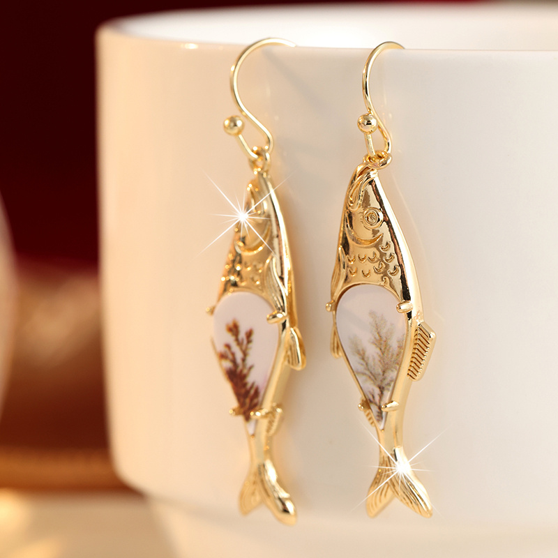 Women's Flower and Leaf Pattern Printed Fish Shaped Pendant Earrings