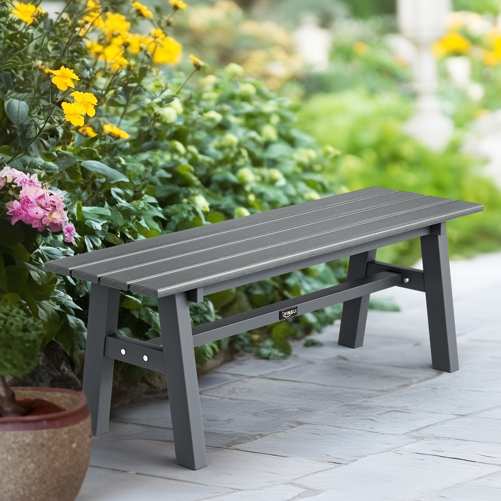 Iron Frame Teak Gray Green HDPE Bench 47in