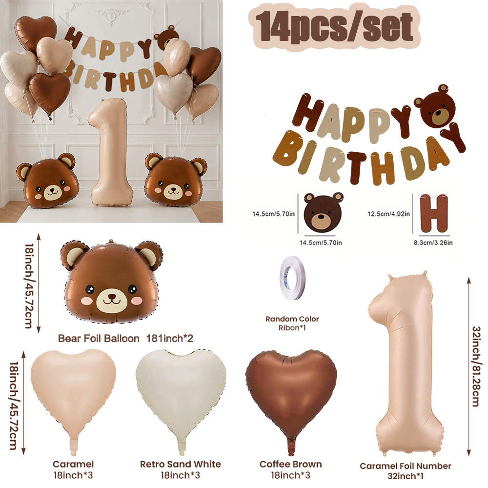 TEMU Bären-Thema Geburtstags-Ballon-Dekorationsset 14-tlg. inklusive Bär-Folienballon, Zahlenballon, Filz-Alles Gute zum Geburtstag-Banner,
