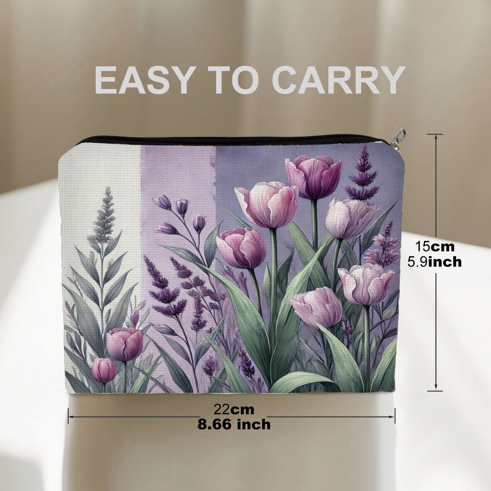 TEMU 1pc Double-sided Cosmetic Bag, 8.66in X 5.9in, Made Of Polyester, With Watercolor Floral (purple And Pink) Design, To Organize Makeup, Ideal For