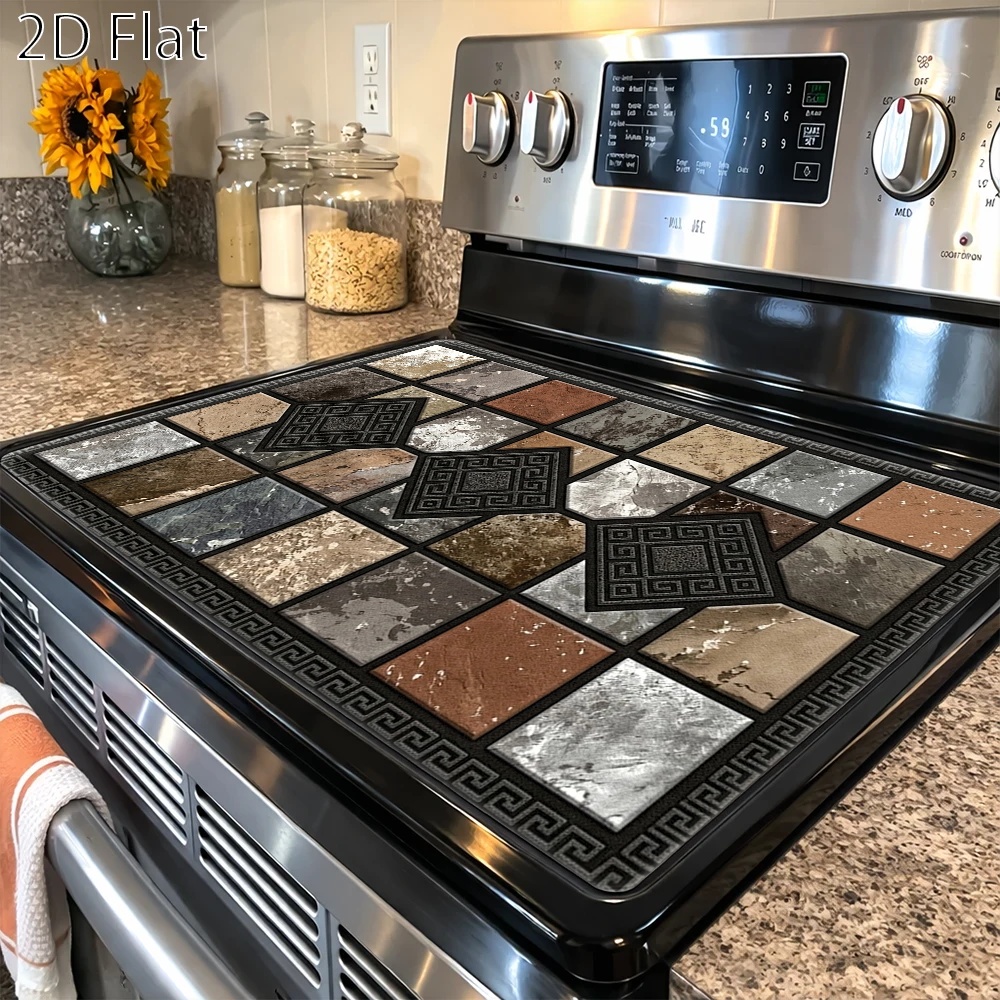 TEMU 2d Flat Vintage Geometric Mosaic Stove Protector Mat, Heat-resistant, Wear-resistant, Dirt-resistant, Durable, Easy To Clean And Reusable, For
