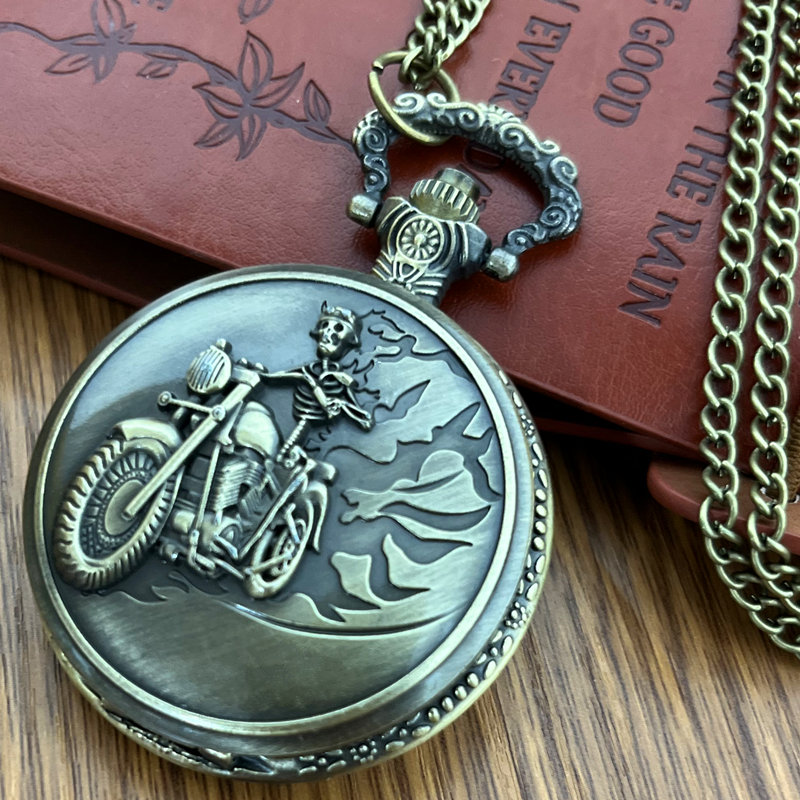 Vintage Skull Motorcycle Rider Pocket Watch, Bronze Necklace Pendant Quartz Pocket Watch