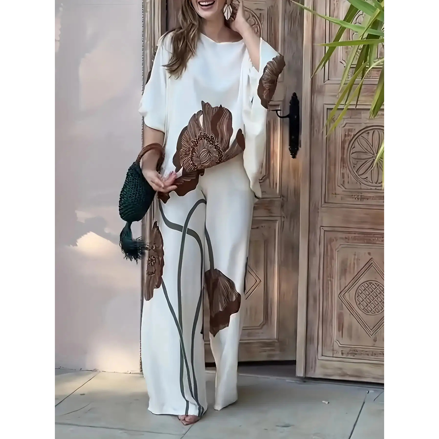 TEMU Set Of A Floral Print Top With An Asymmetrical Neckline And Batwing Sleeves, With Casual Loose Straight-leg Pants