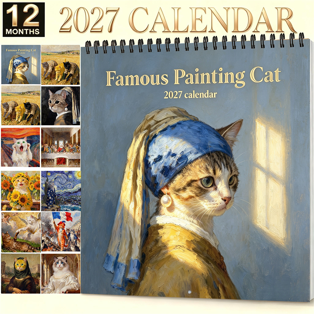 TEMU 1pc, 8.3 X 8.3 Inch Famous Painting Cat Wall Calendar 2027 Monthly Hanging Calendar With Classic Art Cat Illustration Cute Aesthetic Home Office