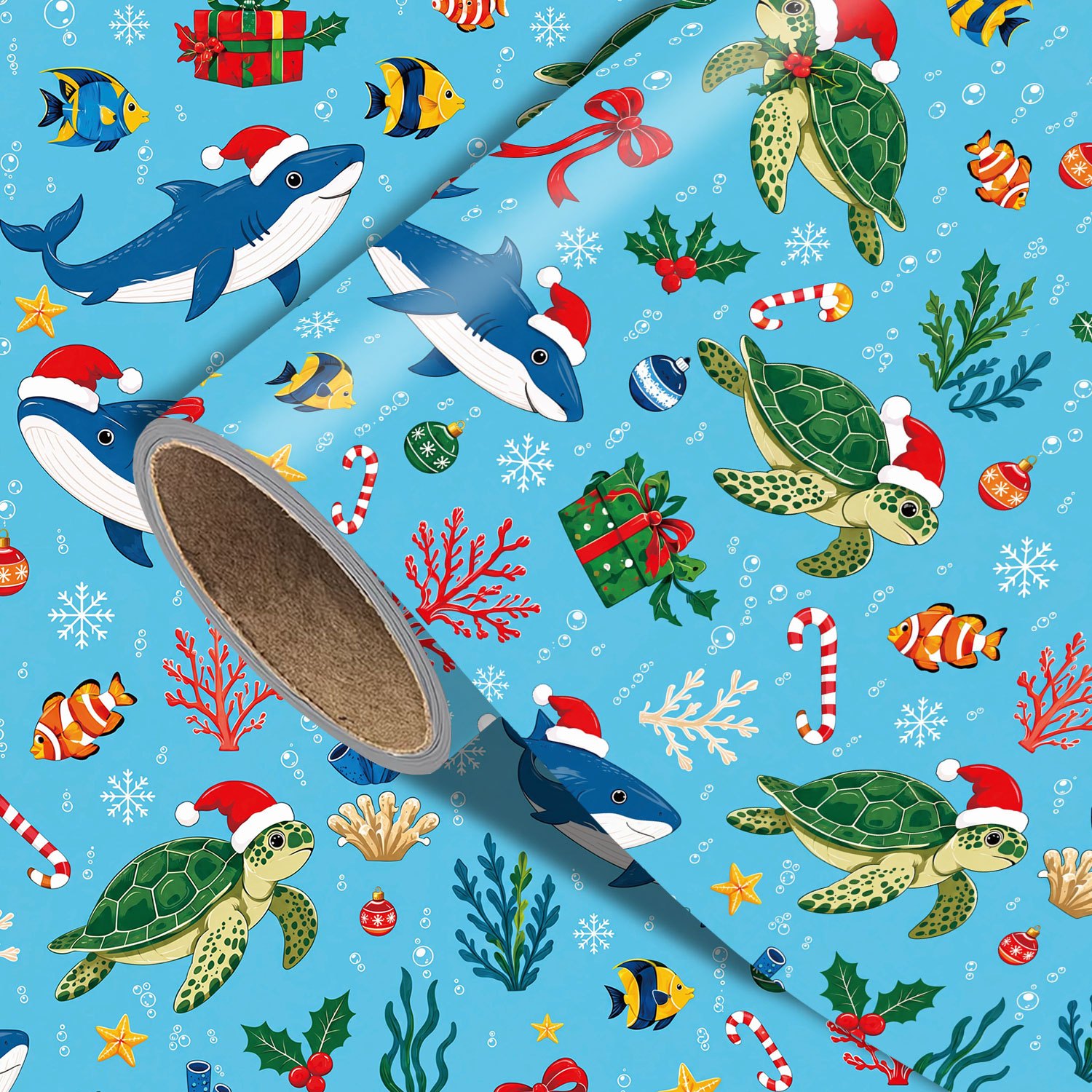 TEMU Rouleau de de Noël sur le thème des animaux - 17.7 X 118 pouces, sur le thème de marine avec des baleines de Père Noël, des tortues marines, des
