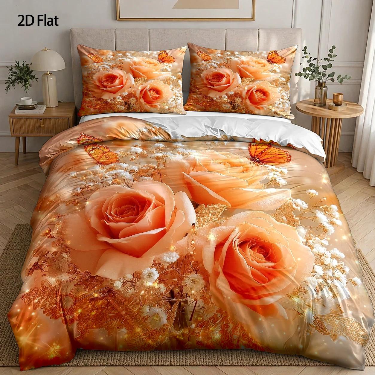 TEMU 3pcs Duvet Cover Set, 1 Duvet Cover   2 Pillowcases, No Filler, 2d Flat Printing, Orange Rose And Theme, Realistic Style, 's Day, Bedding 3pcs