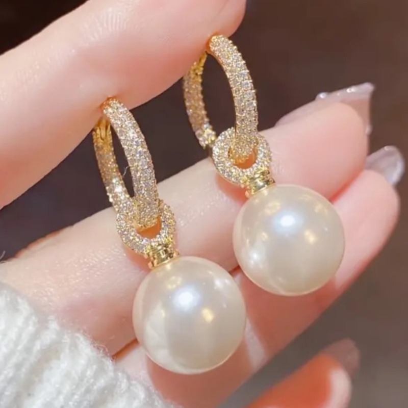 TEMU Elegantes pendientes colgantes franceses de de perlas incrustadas con brillantes circonias sintéticas, joyería dorada adecuada para citas,