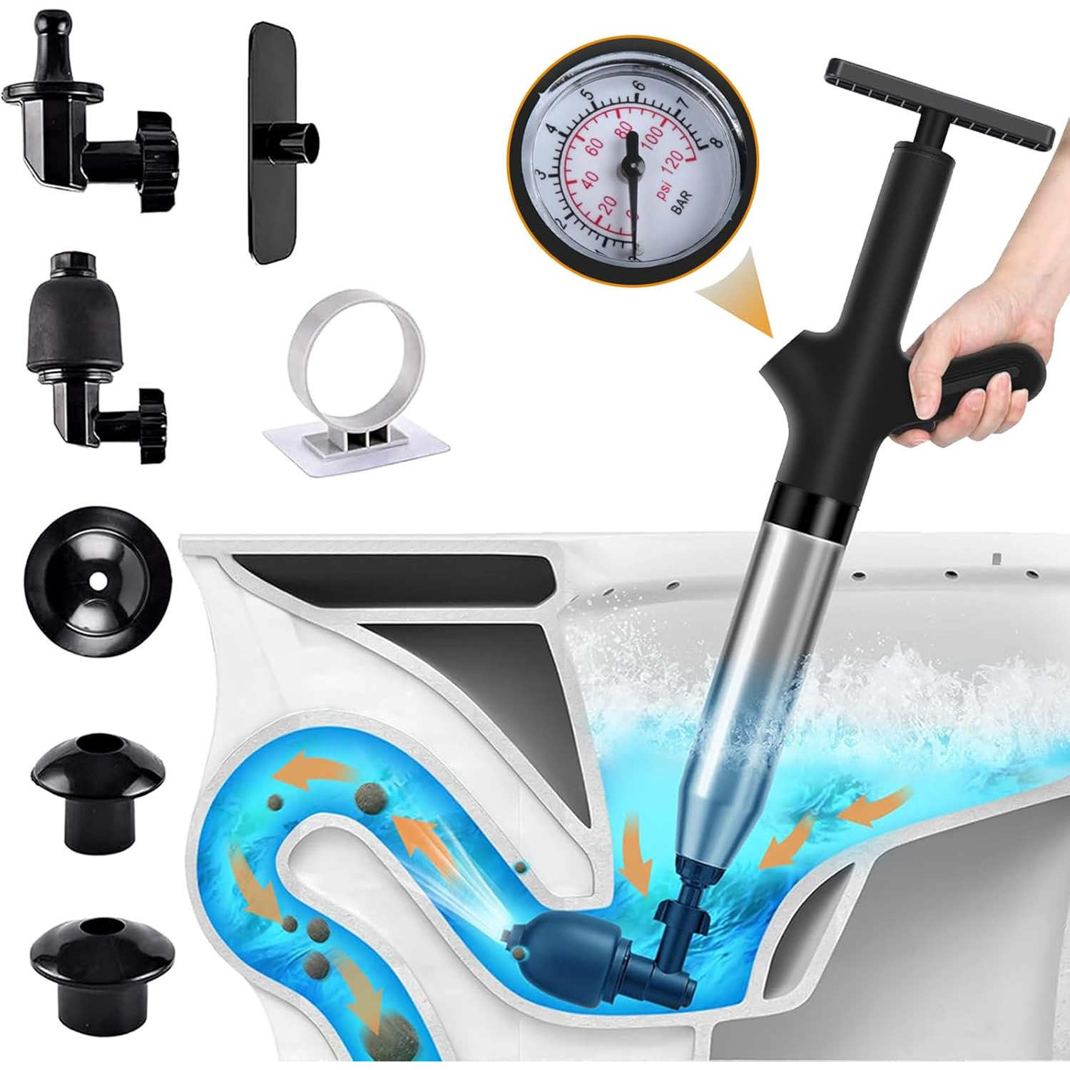 Image of High-pressure Air- Toilet Plunge Blaster - Heavy-duty Drain Unclogger With Multi-drain For Toilets, Sinks, Bathtubs & Floor Drains - Portable Plumbing Suitable For Residential & Commercial Use