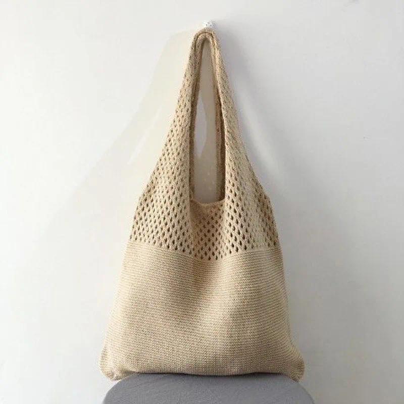 TEMU Neuer Trend Damenhandtasche Häkelhandtasche Retro gestricktes Geflecht einfarbig durchbrochen Schwarz Khaki Tragetasche Shopper mit Tragegriff