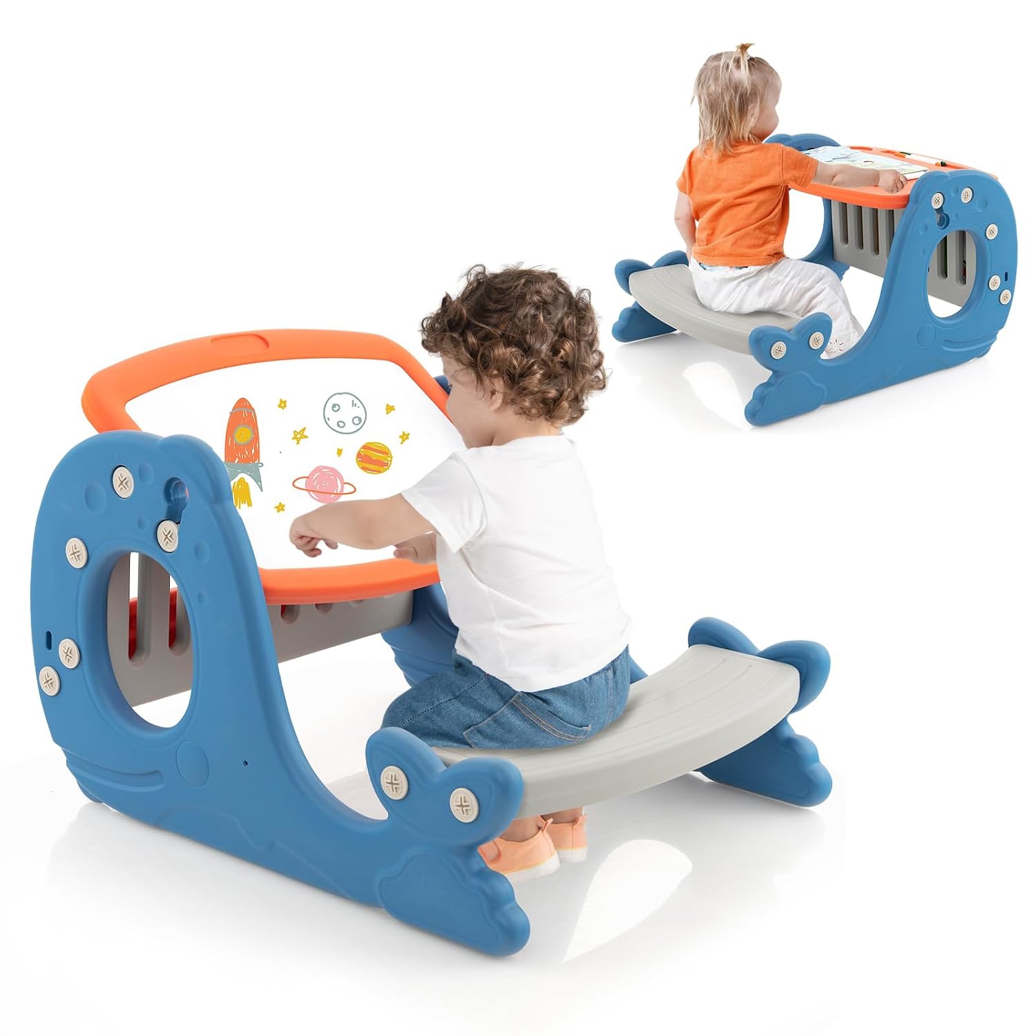 Image of Convertible Kids Activity Table Set, Multi-functional Angle-adjustable Easel With Erasable Whiteboard, Whale Shape, Children Table With Bench For Room, Blue And Orange