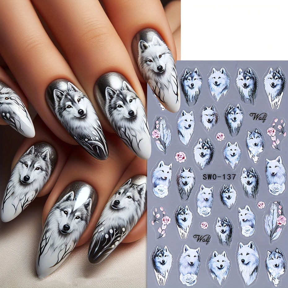 1pc White Gray Wolf Pink Plum 3d Nail Art Stickers Husky Style And Suitable For Christmas New Year Women's Nail Art Sliders Supplies