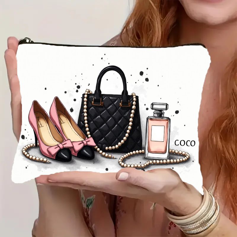 TEMU 1pc Lightweight Fashion 2d Flat Fashion Printed Zippered Makeup Bag, Double-sided Printing, Storage For Makeup Essentials. This Foldable Women's