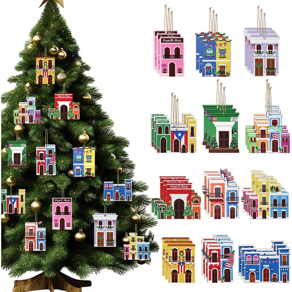 TEMU 24pcs Puerto House Wooden Ornaments Decorations | Designs With Hemp Rope, Garland Crafts, Christmas Tree Decor, Holiday Party Home Decorations