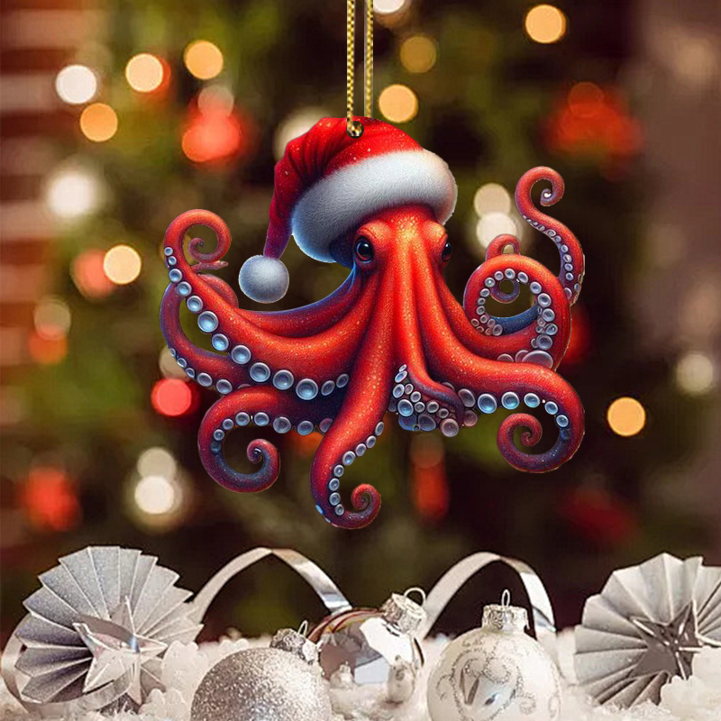 

1pc Octopus Christmas Ornament With Santa Hat - Acrylic Holiday Decor, Ideal Gift For Her & , Easy-to-hang With Golden String, Best For Christmas