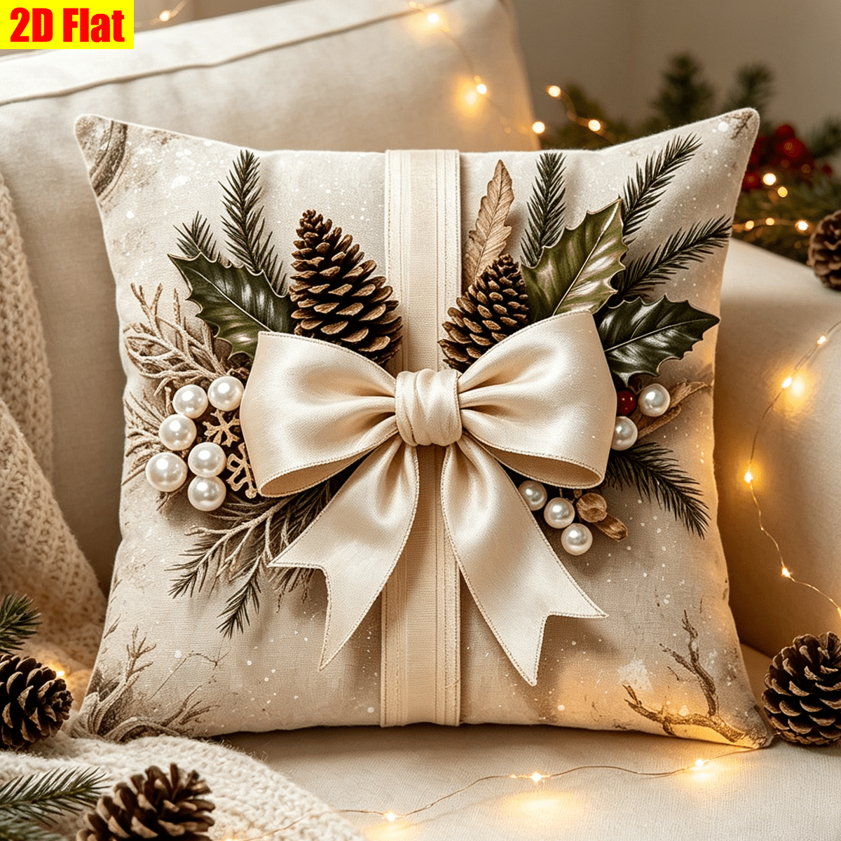 TEMU 2d Flat, Vintage Christmas Winter Square Pillowcase, Bow Evergreen Branch Snowflake Pattern Decorative Cushion Cover, Rustic Neutral Xmas Home