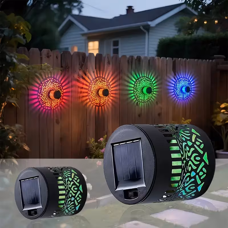 lot de 2 appliques murales solaires pour clôture, lampes murales led colorées avec motif mandala à changement de couleurs multiples/ , éclairage décoratif extérieur, ip65, pour la décoration de jardin, terrasse, escaliers et cour, avec plusieurs couleurs, déclairage et options de Détails du produit 3