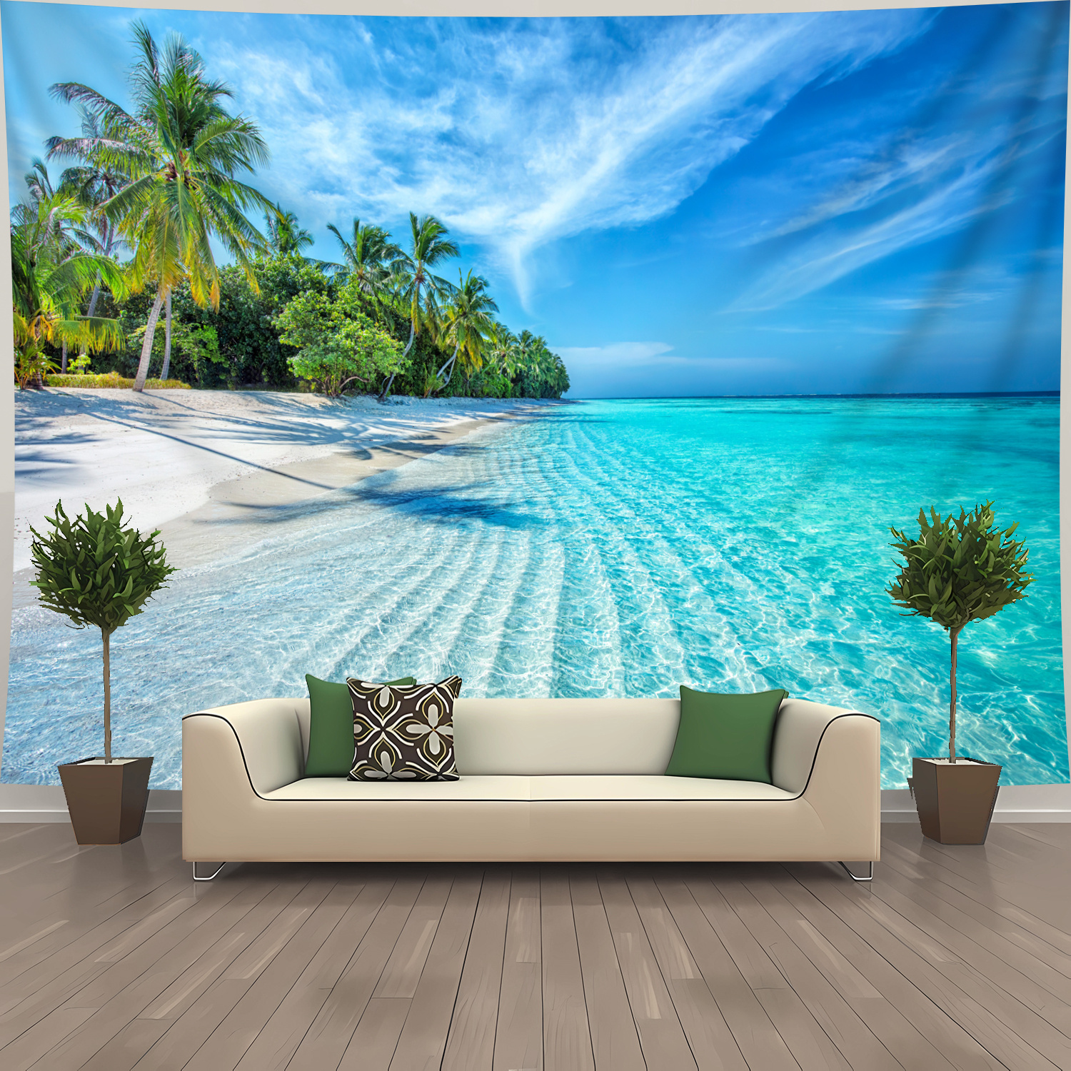 1 pieza de 126\u0026*; x 94,5\u0026*; * de playa tropical - Árboles * vibrantes y *  turquesas, colgante de pared de poliéster para * dormitorio, decoración de  dormitorio, regalo de * * con clips de colgamiento ..., image size:1500x1500