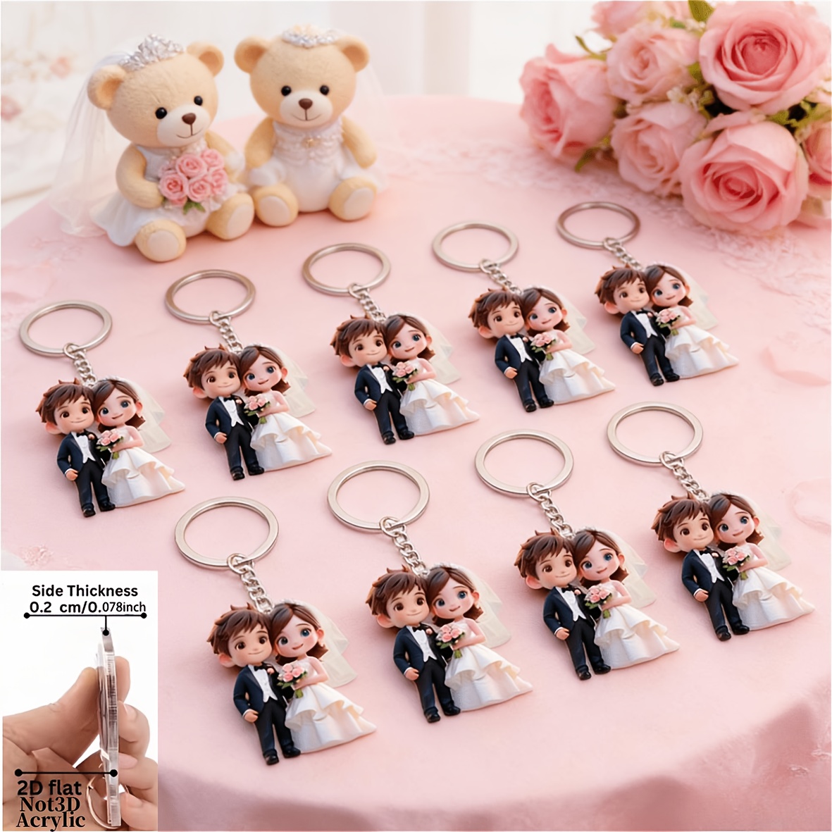TEMU 2d Flat, 2d Flat 10pcs Set Cute Cartoon Bride And Groom Couple Keychains — 2d Flat Wedding Figurine Key Rings — Romantic Pre-wedding Party,