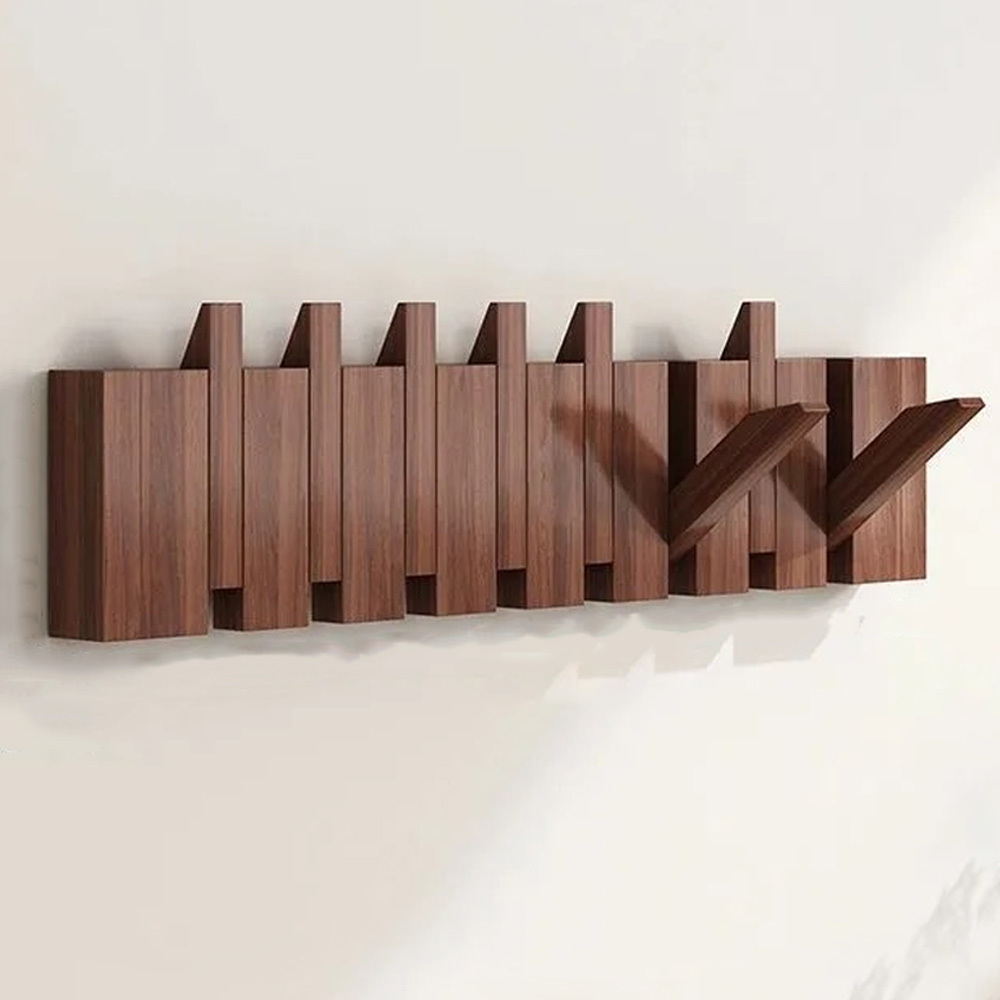Wall-mounted Bamboo Coat Hooks That Flip Down. Sturdy Coat Hooks Suitable For Hanging Coats, Keys, Hats, Robes, And Towels (8 Hooks, Walnut End)