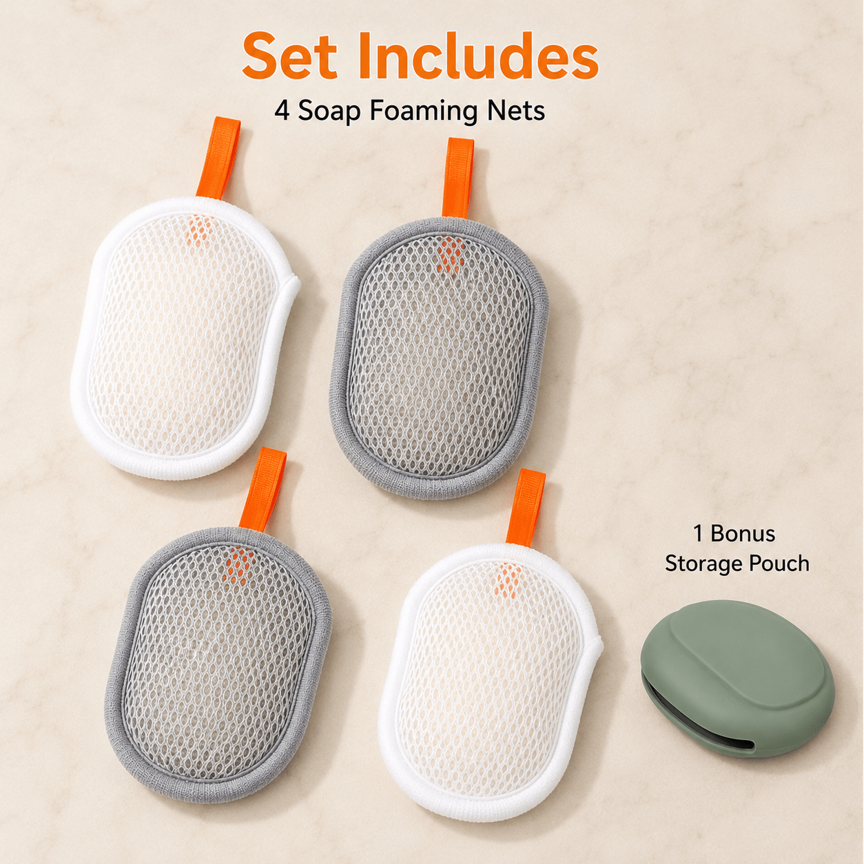 Image of 5pcs Set: 4* Soap Nets + 1* Portable Storage Case With Lanyard, Soap Foaming Net, Bathroom Soap Storage Foaming Bag, Includes A Portable Storage Pouch