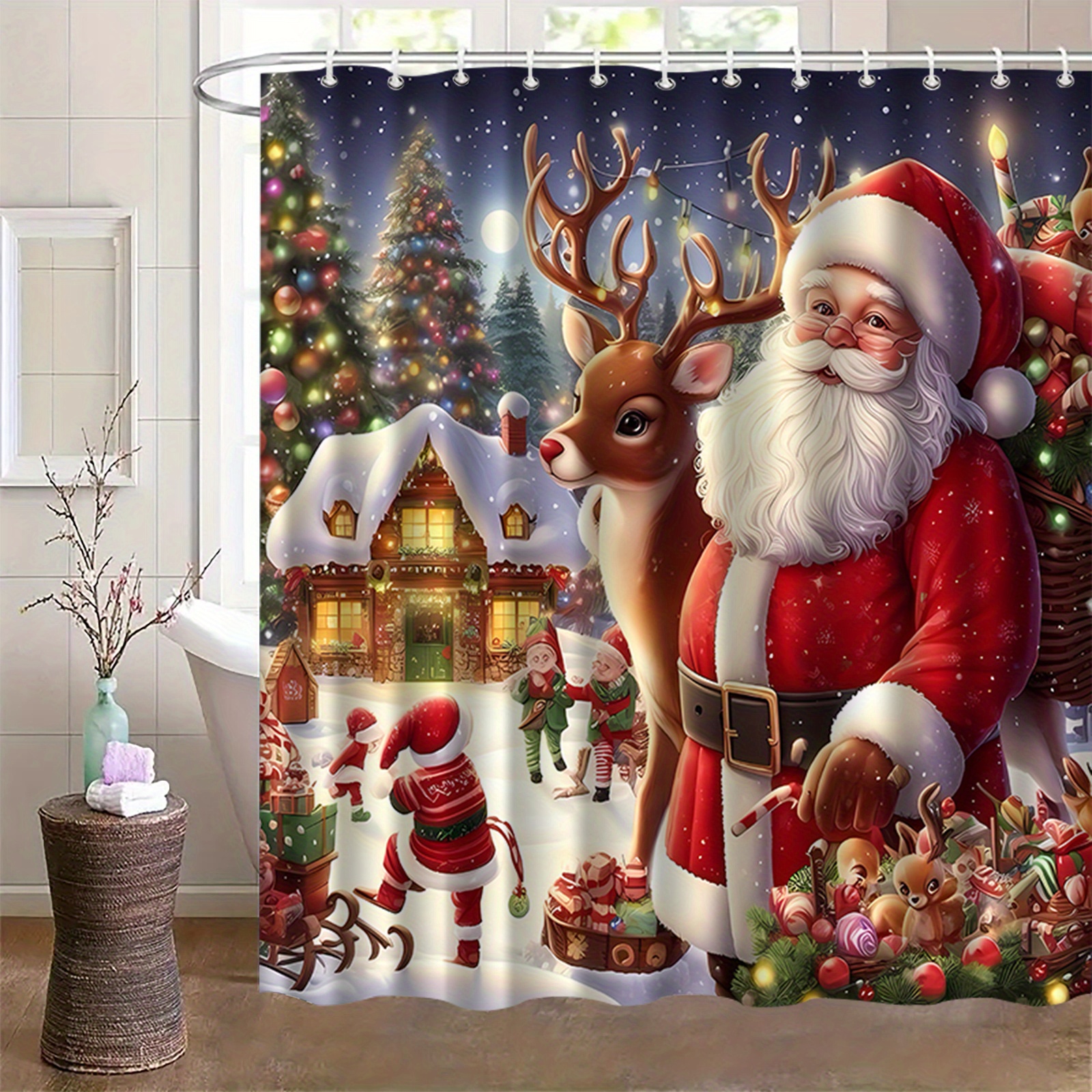 TEMU 1pc Santa Claus Pattern Printed Shower Curtain, Suitable For Home Bathroom Decor, , With 12 Hooks, Bathtub Curtain, Bathroom Partition, Room