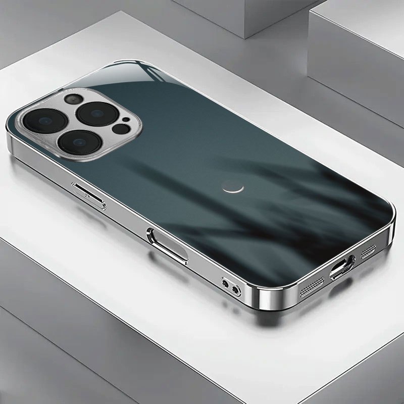 TEMU Phone Case - A Design Featuring A Crescent In A , This Electroplated Silver Tempered Glass Phone Case Is Compatible With For Iphone 17, 16, 15,