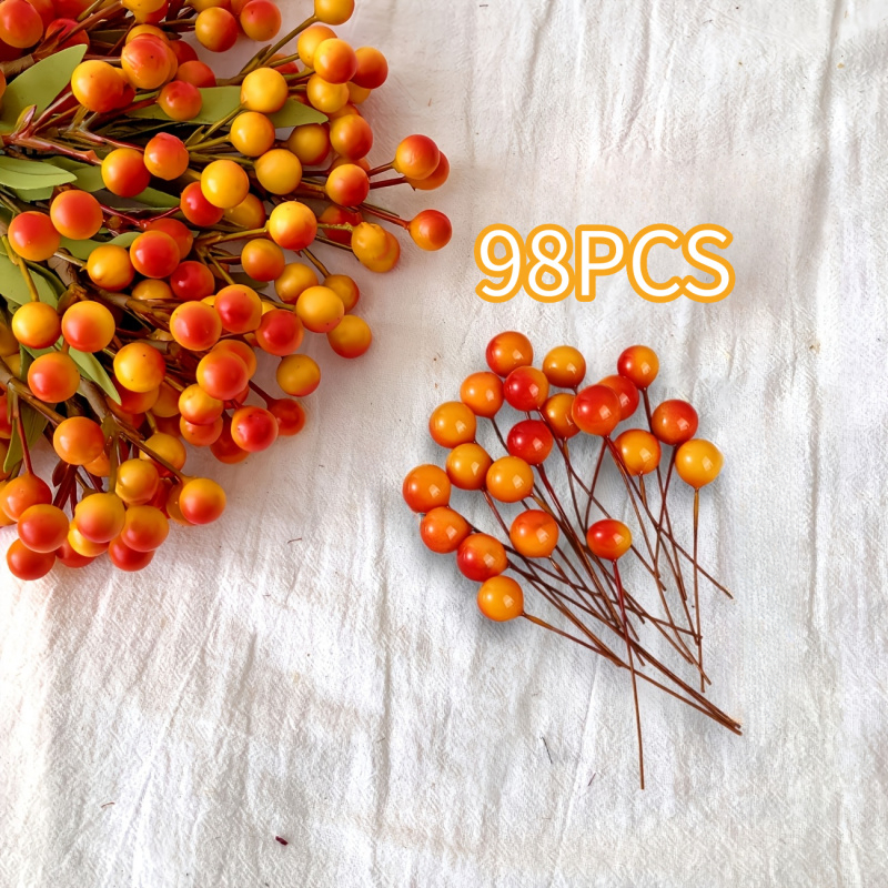 TEMU 98pcs Artificial Berry Stems, Orange Red Faux Berry Branches With Twisted Floral Stems For Thanksgiving, Halloween, Vase Arrangements, Table