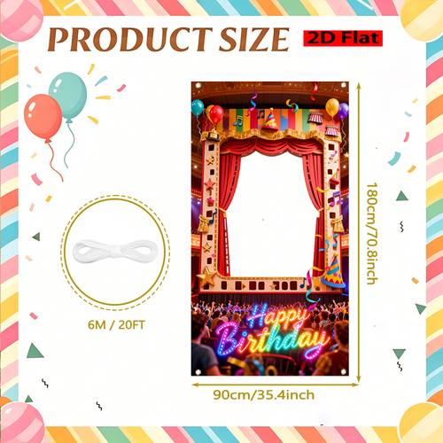2d party fotoautomat requisiten, bunte bühne theater geburtstags foto banner türvorhang mit ballons, noten, , streamer, neon happy birthday lichter, dekorative hintergrundtuch für innen und außen, robuster wandbehang