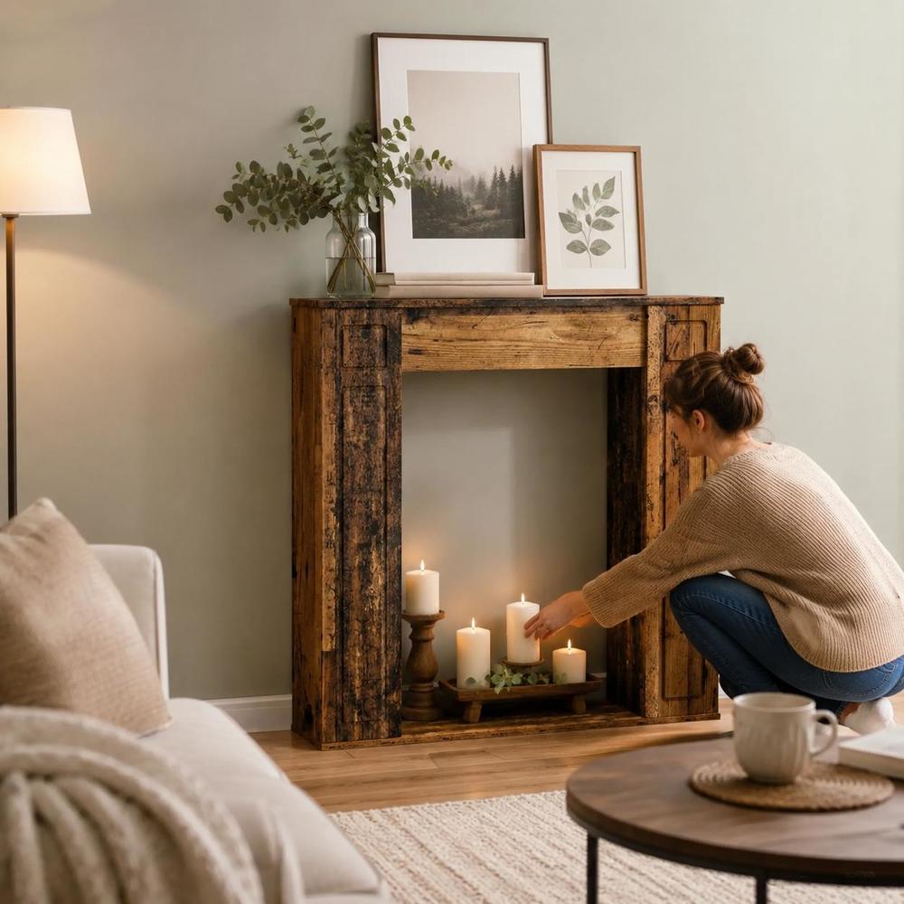 Image of Modern Wood Fireplace Frame Decor Wall Art Picture Frame 100x20x100cm Wood Wall Display Stand Living Room Bedroom Hallway Background Hanging Ornament