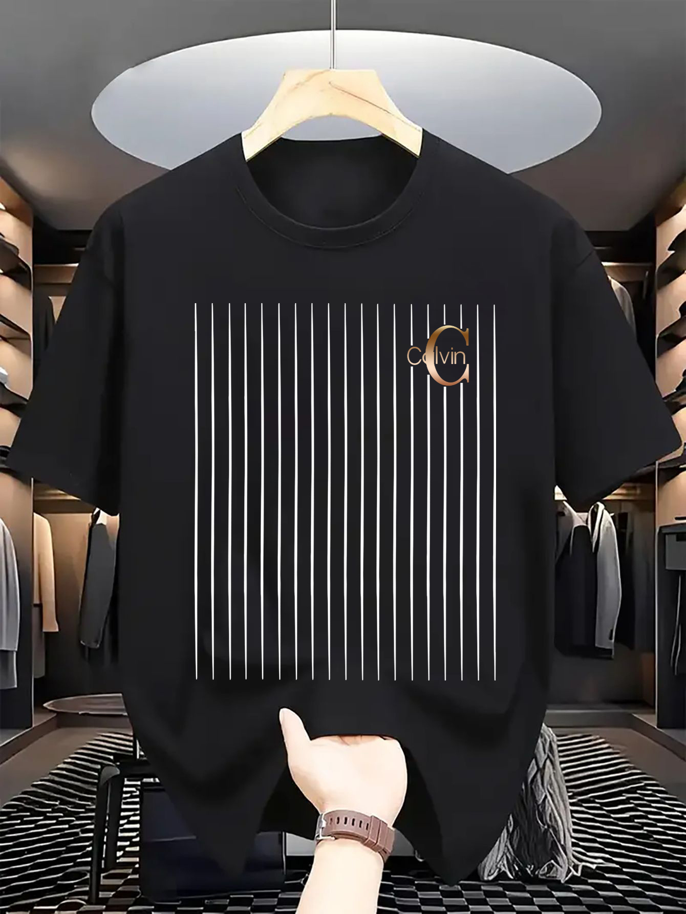 Men's casual and fashionable minimalist lines - C-Calvin printed T-shirt, round neck comfortable polyester fabric, suitable for daily wear as fashionable streetwear, Men's clothing