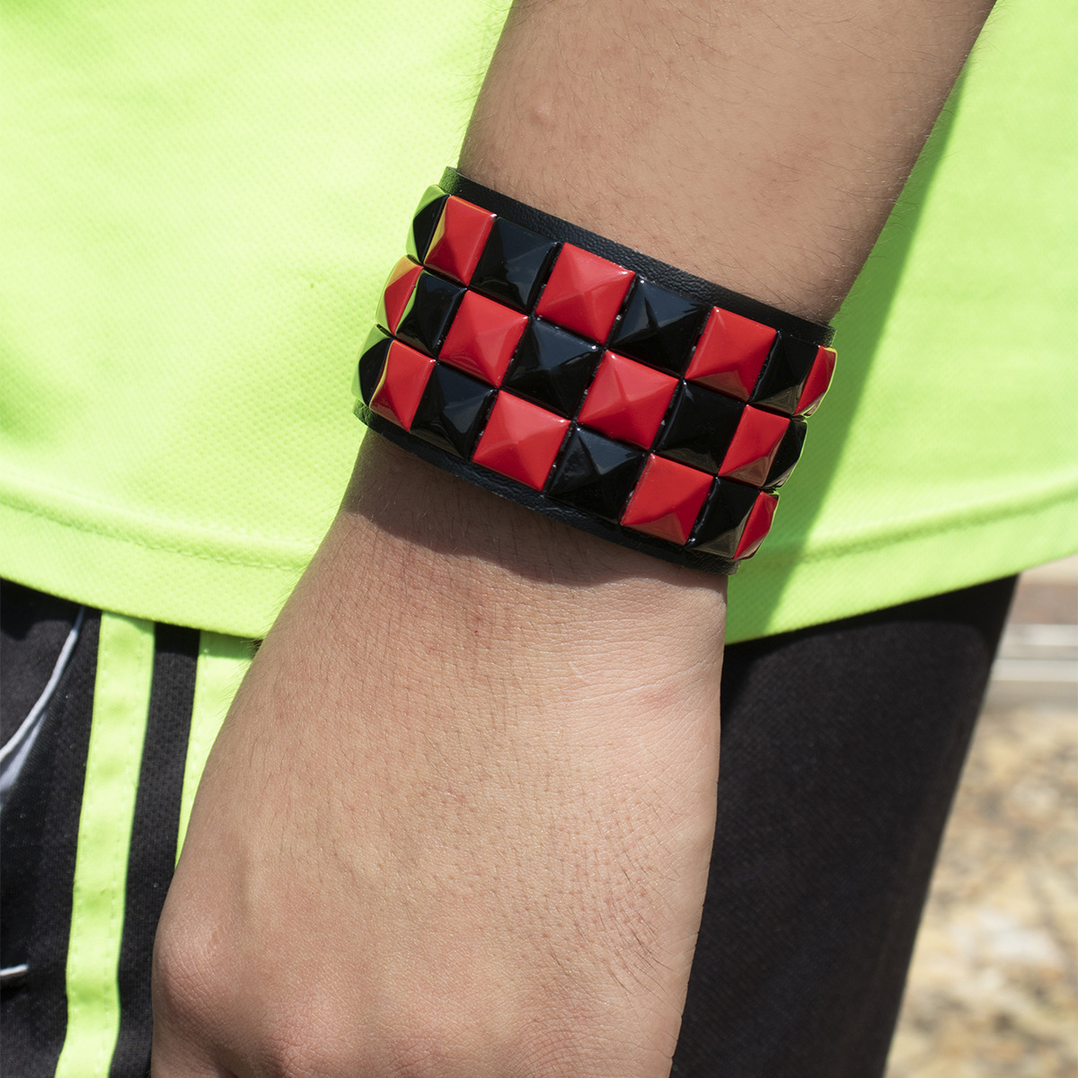 Punk-inspired Red and Black Geometric Studded Bangle Bracelet
