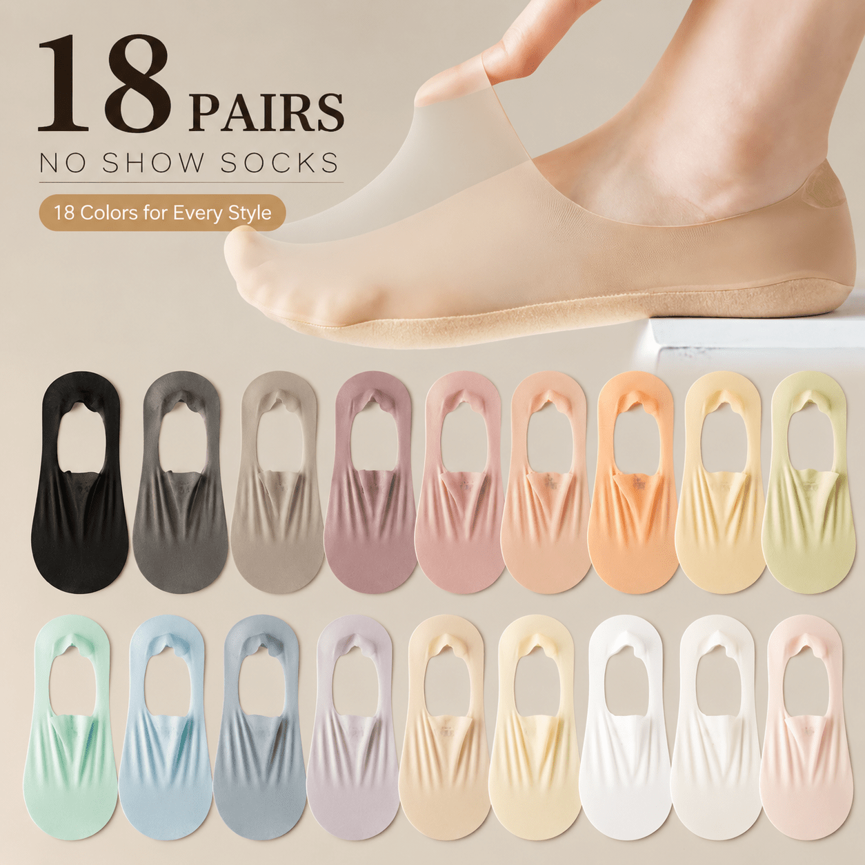 Image of 18 Pairs Invisible Boat Socks - Low-cut Breathable Thin High-heel Socks, Ultra-thin Solid Socks ( Assorted)