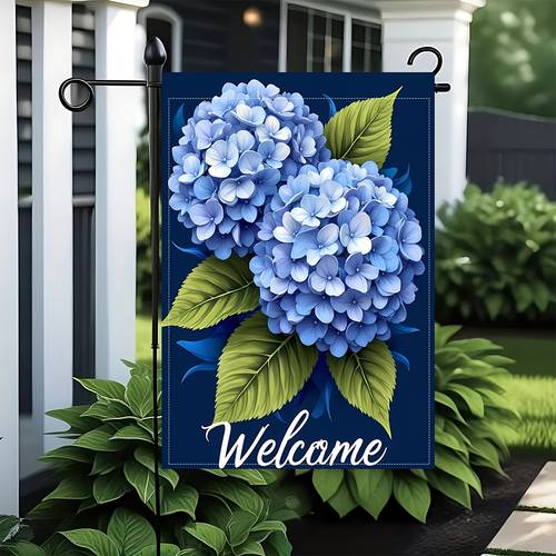 1pc blue hydrangea flower garden flag welcome letter outdoor flag yard decor flag suitable for garden room dining room bedroom single sided material multi purpose seasonal flag no electricity required